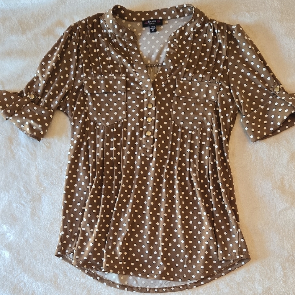 Papaya SP Pleated Blouse Brown PolkaDots Cuffed 3/4 Sleeves Mandarin Collar Y2K